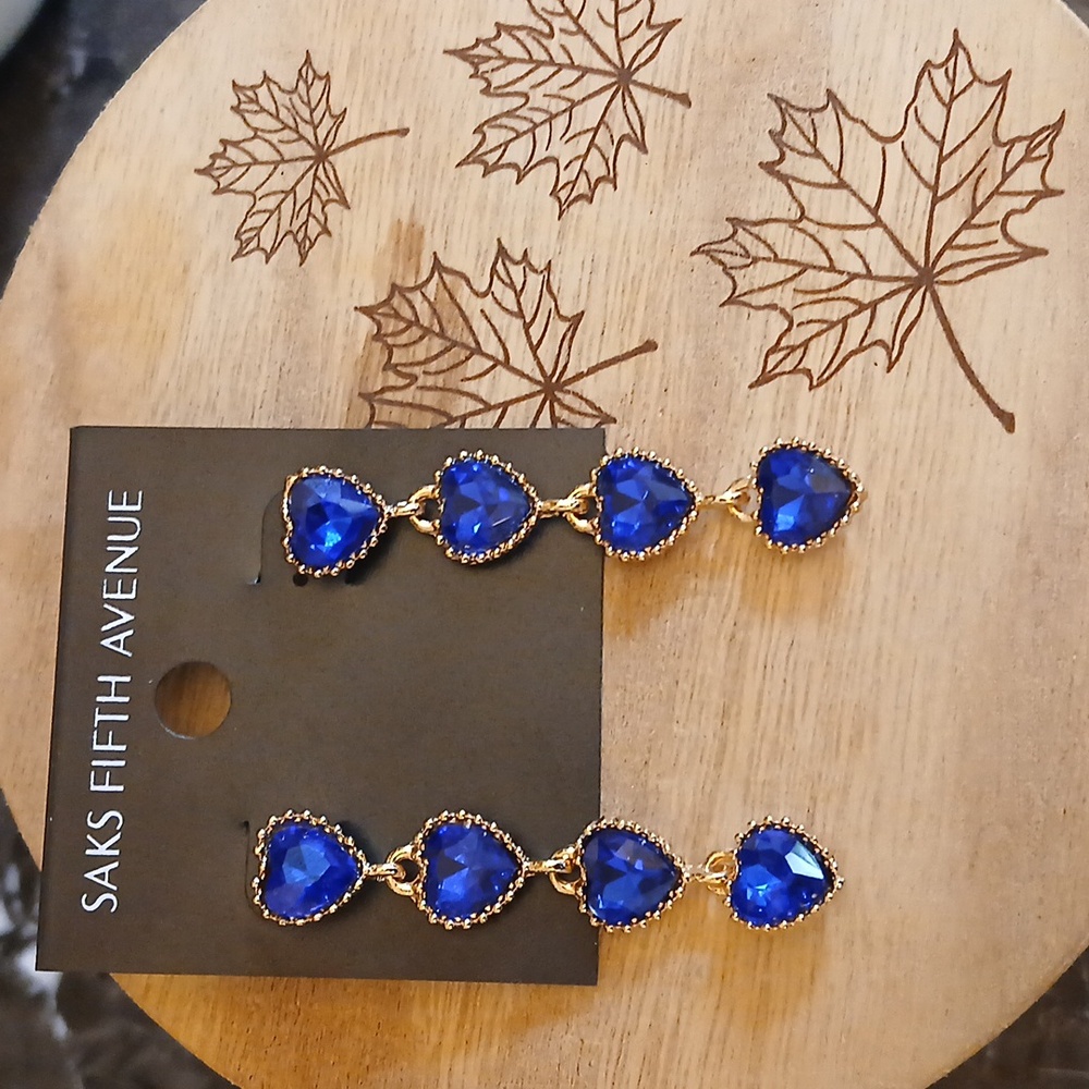 New Women's Saks Fifth Avenue Gold And Blue Heart Statement Earrings Jewelry